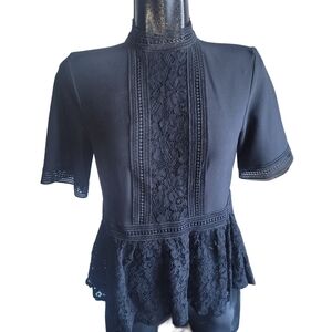 Zara Black Lace Detailed Short Sleeve Top with Peplum Hemline S